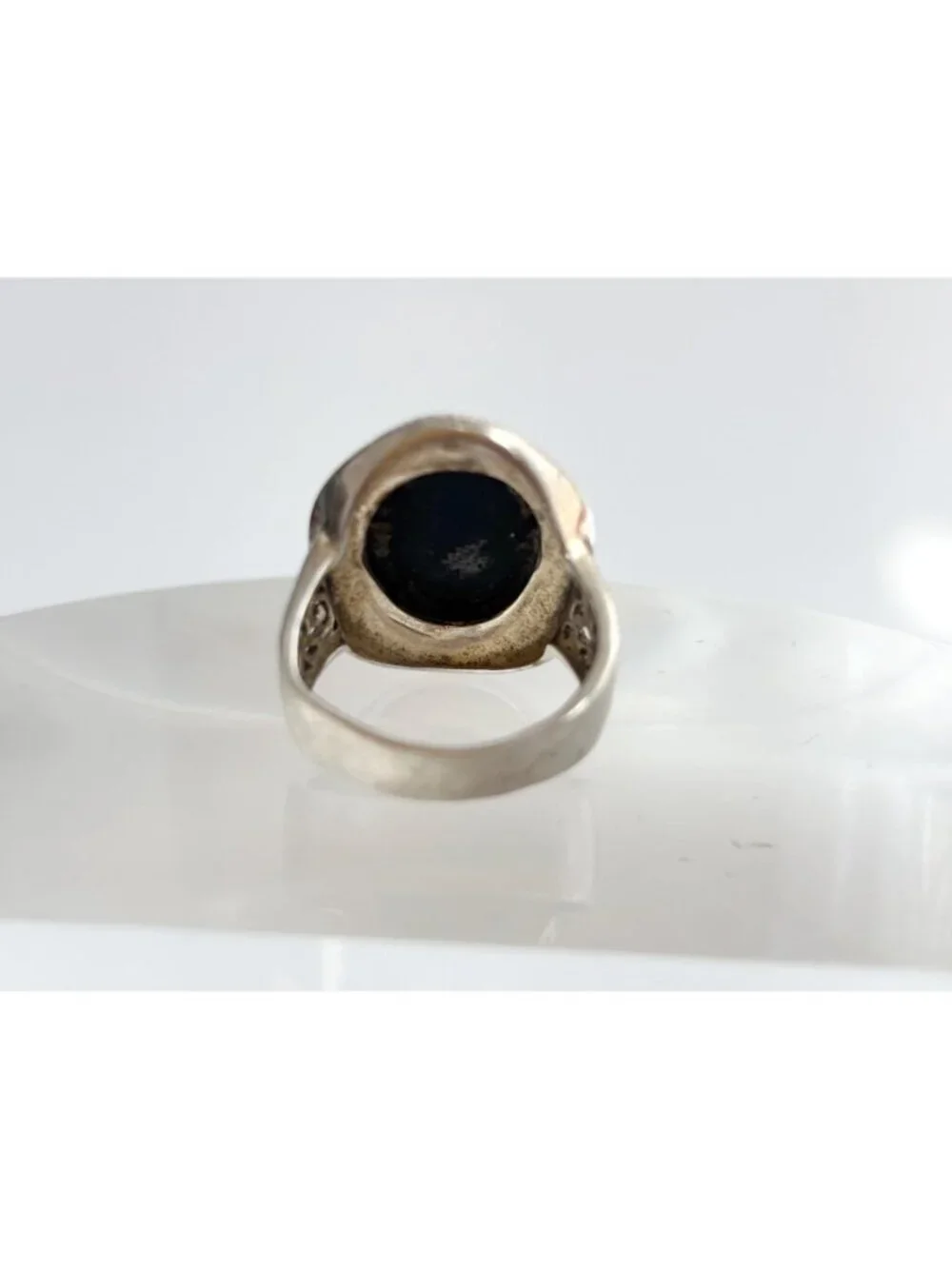 Black Onyx & Marcasite Art Deco Cutout Sterling Silver 925 Vintage Ring - sz 8